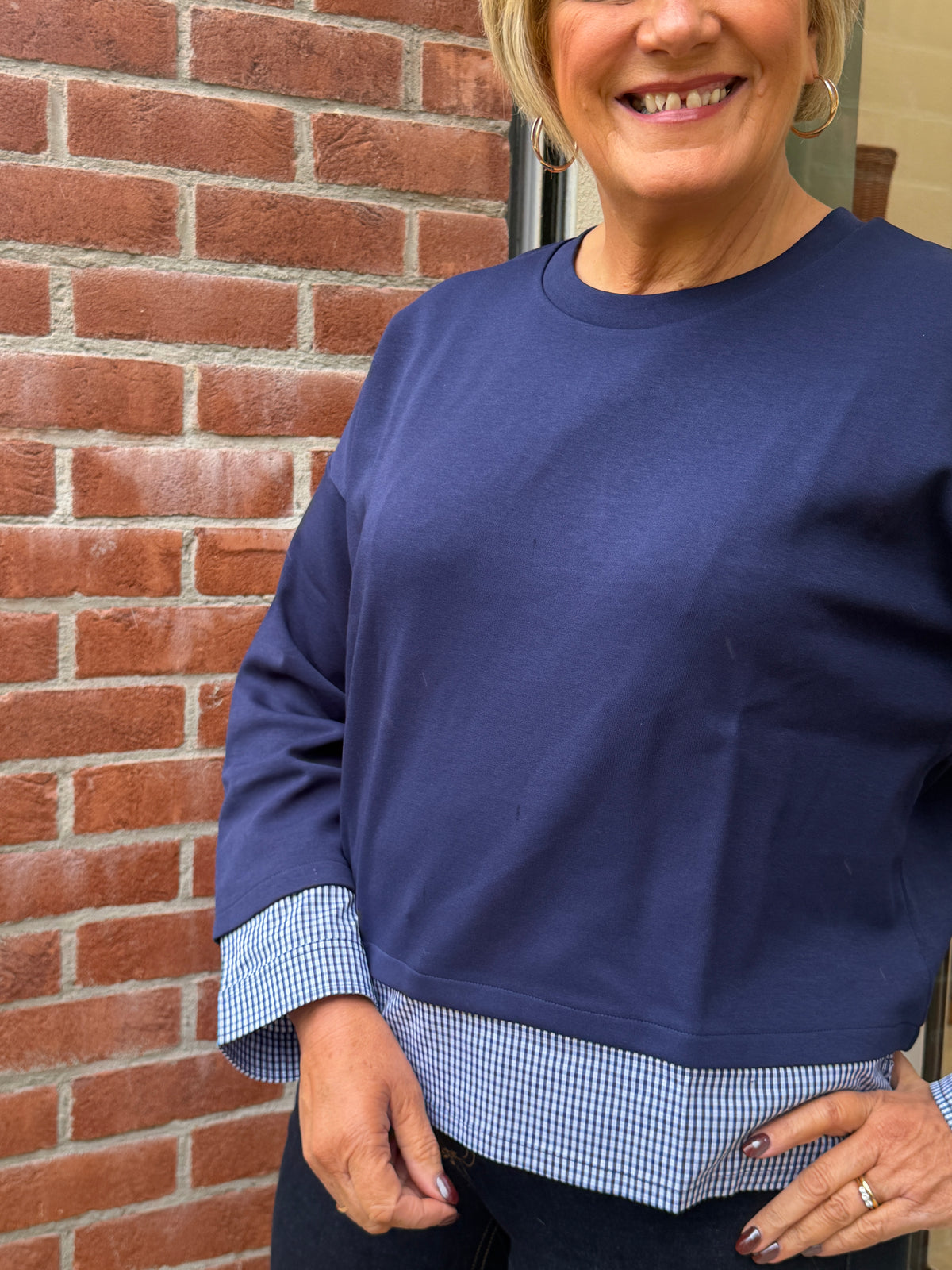 Jumper with gingham details in maritime blue
