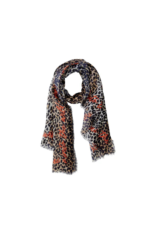 Oui Leo Print Scarf In Camel & Black