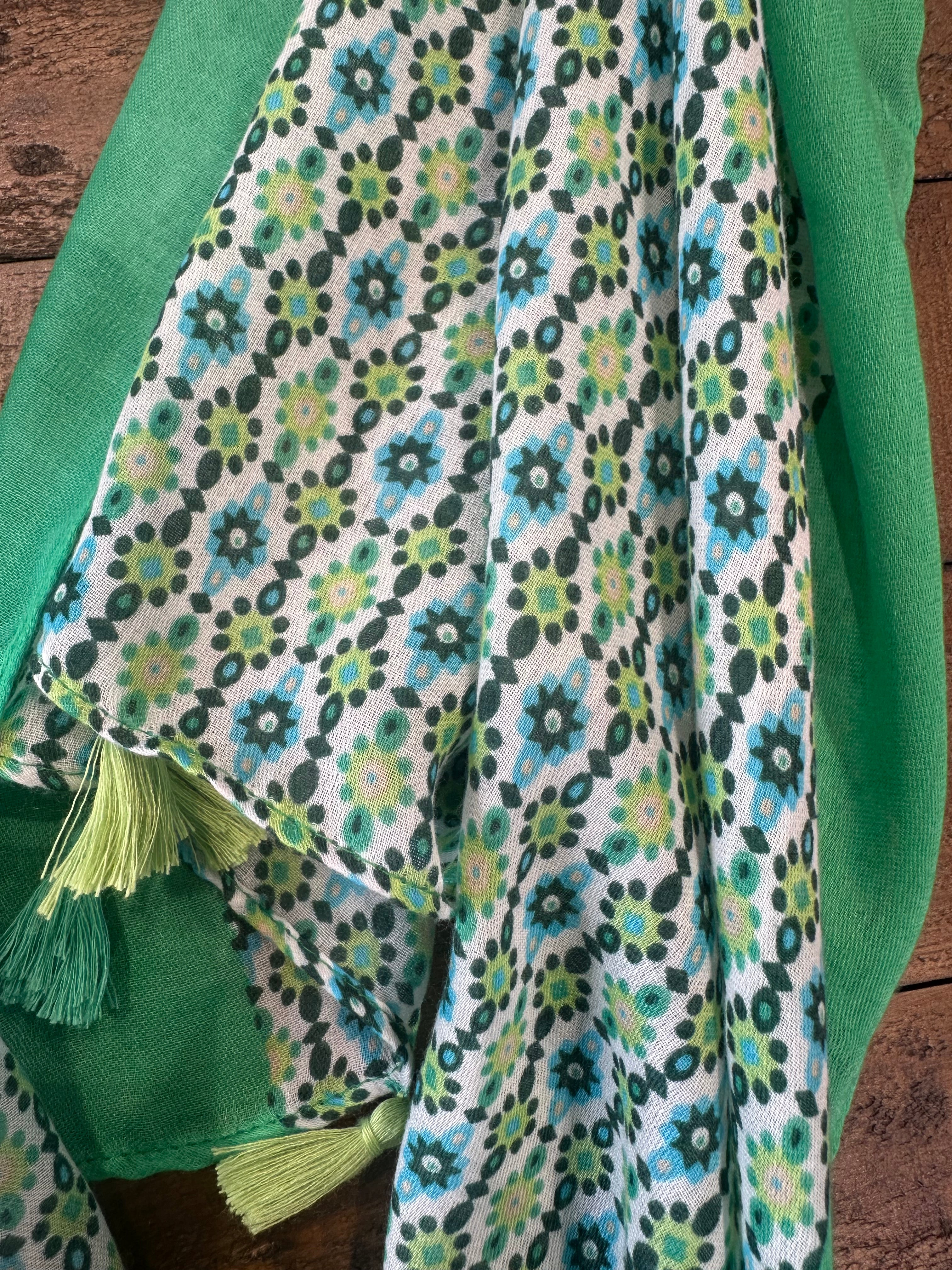 Polly Mini Flowers With Tassels Scarf In Green