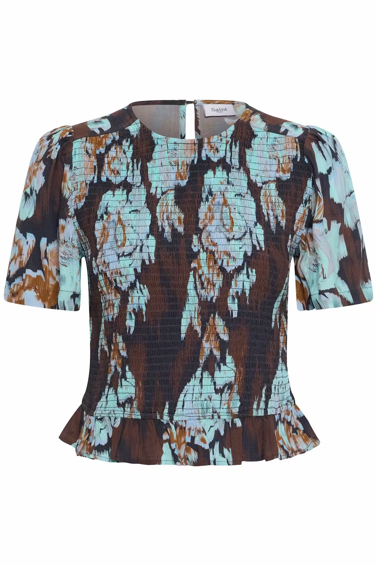 Floral patterned top in brown & blue multi