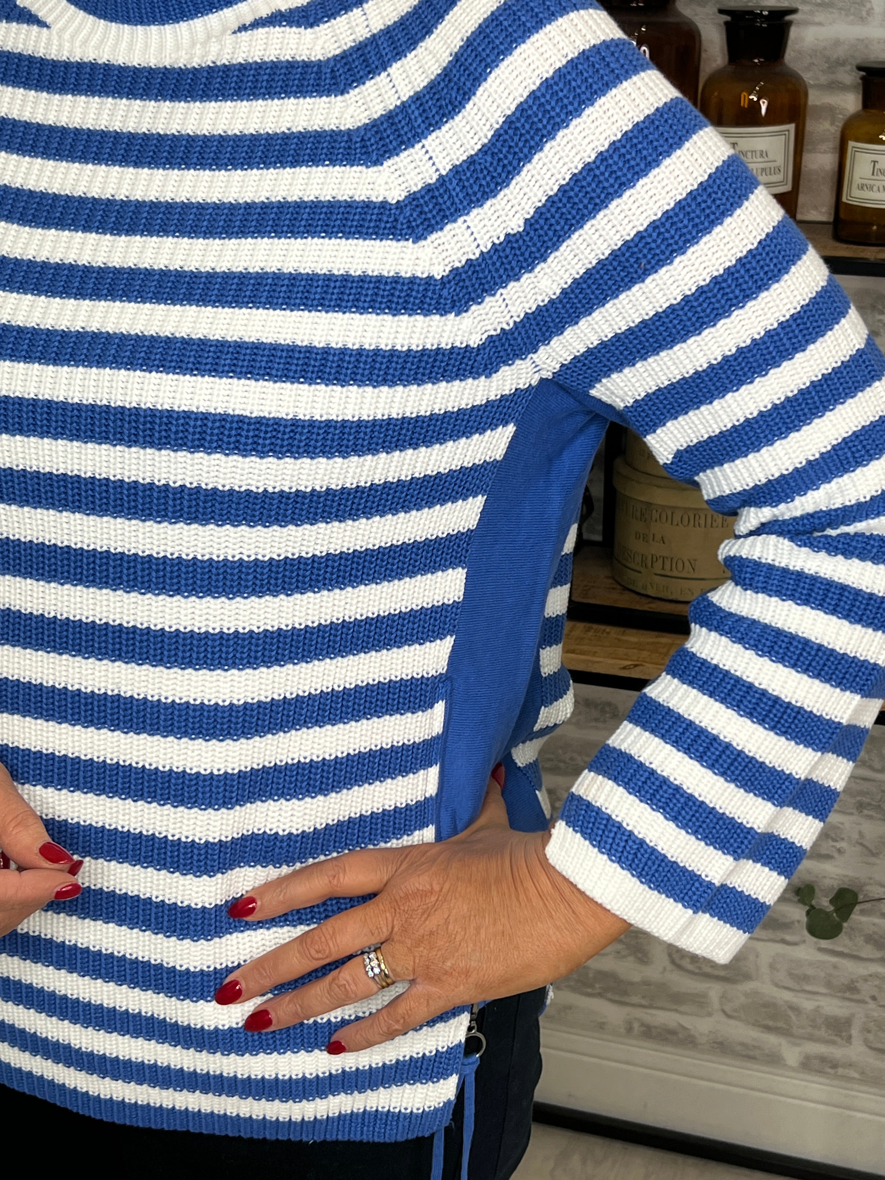 Oui Ruby Ribbed Jumper In Blue & White