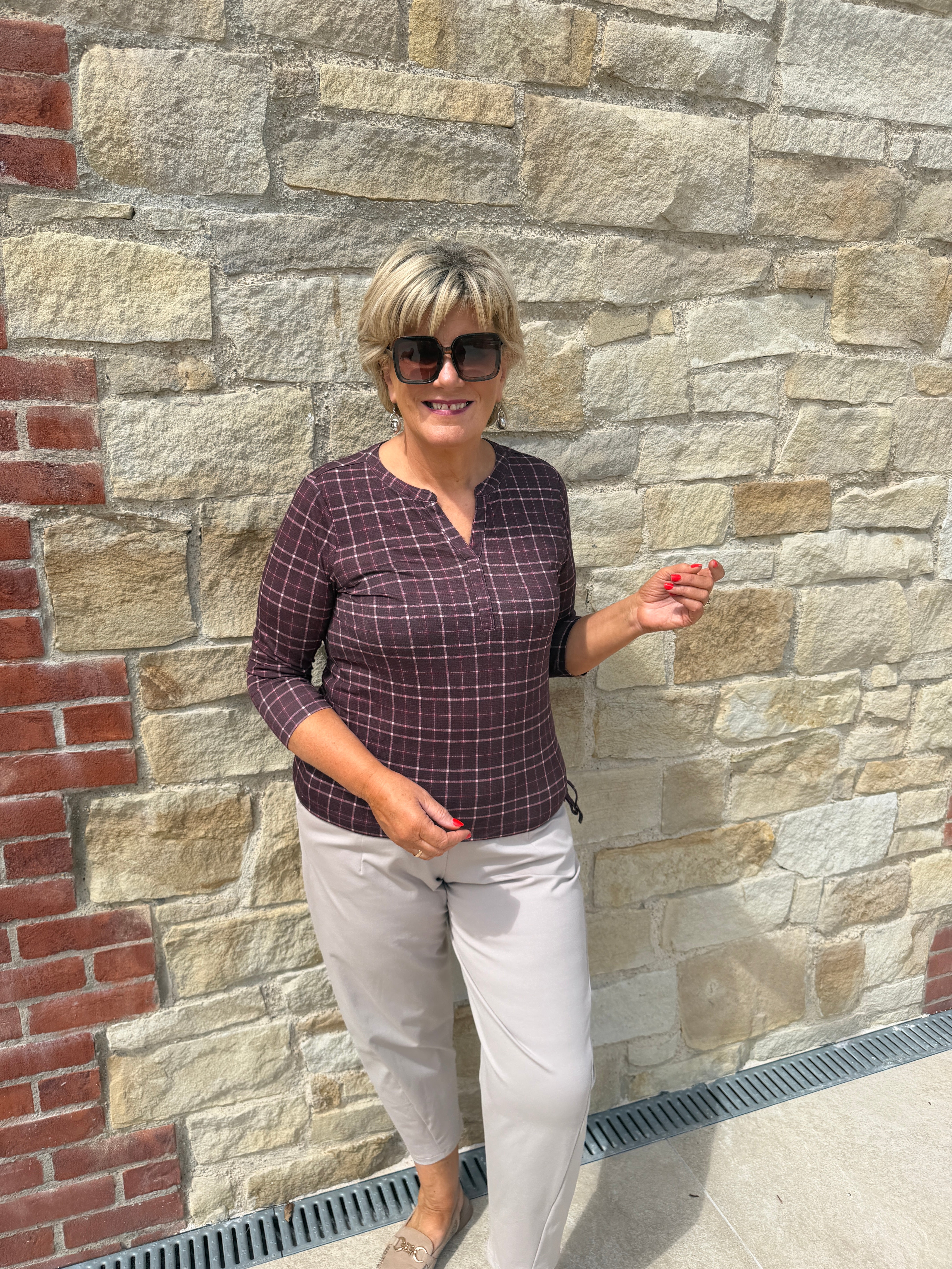 Street One jersey top with split neck In Rustic Rouge