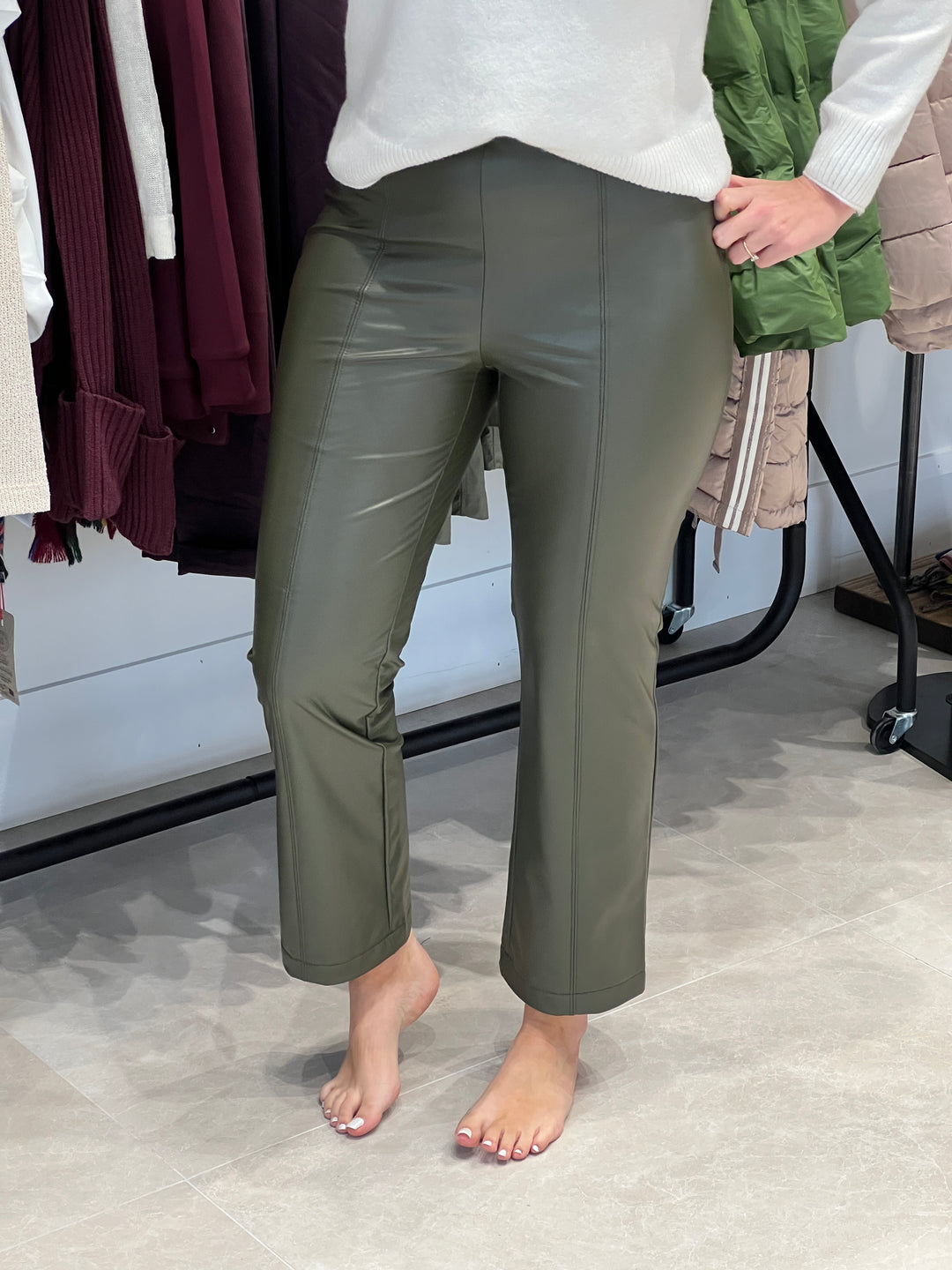 Stehmann Leni Flared Pleather Trousers In Forest