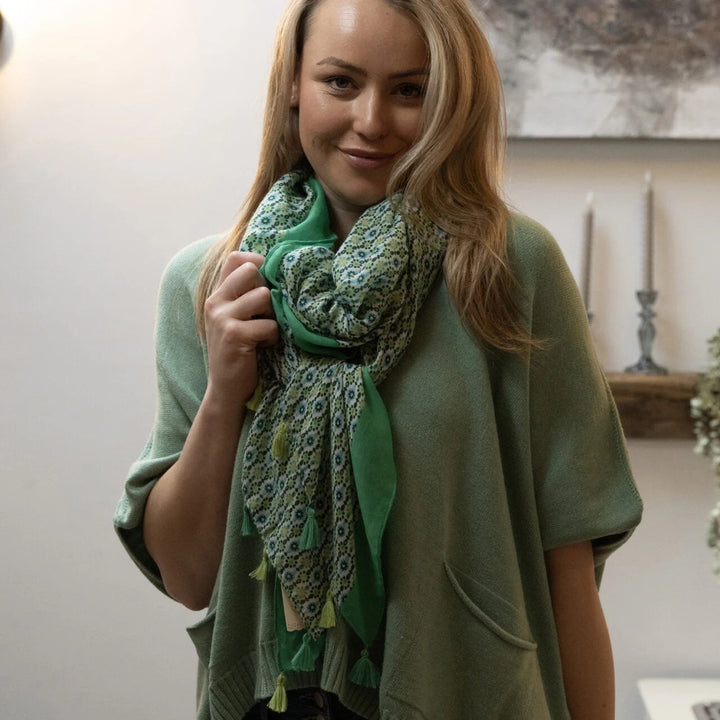 Polly Mini Flowers With Tassels Scarf In Green