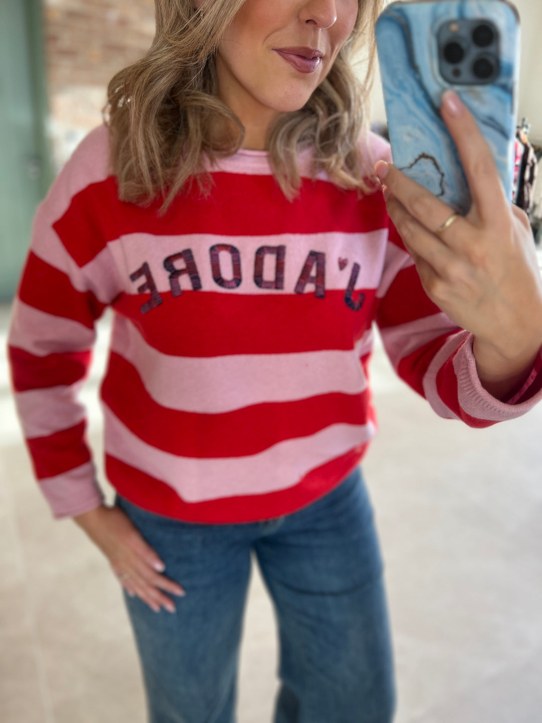 Oui Jadore Striped Pullover In Pink Rose