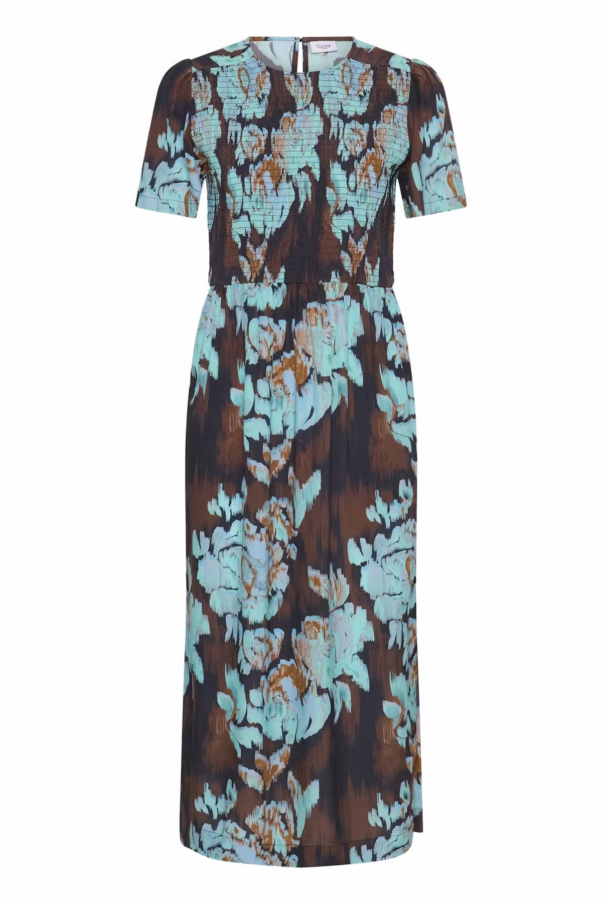 Floral patterned dress in brown & blue multi