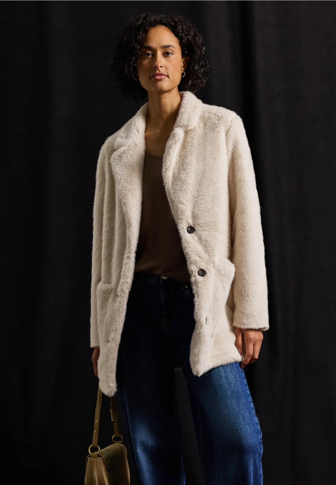 Street One Faux Fur Coat In Pastel Sand