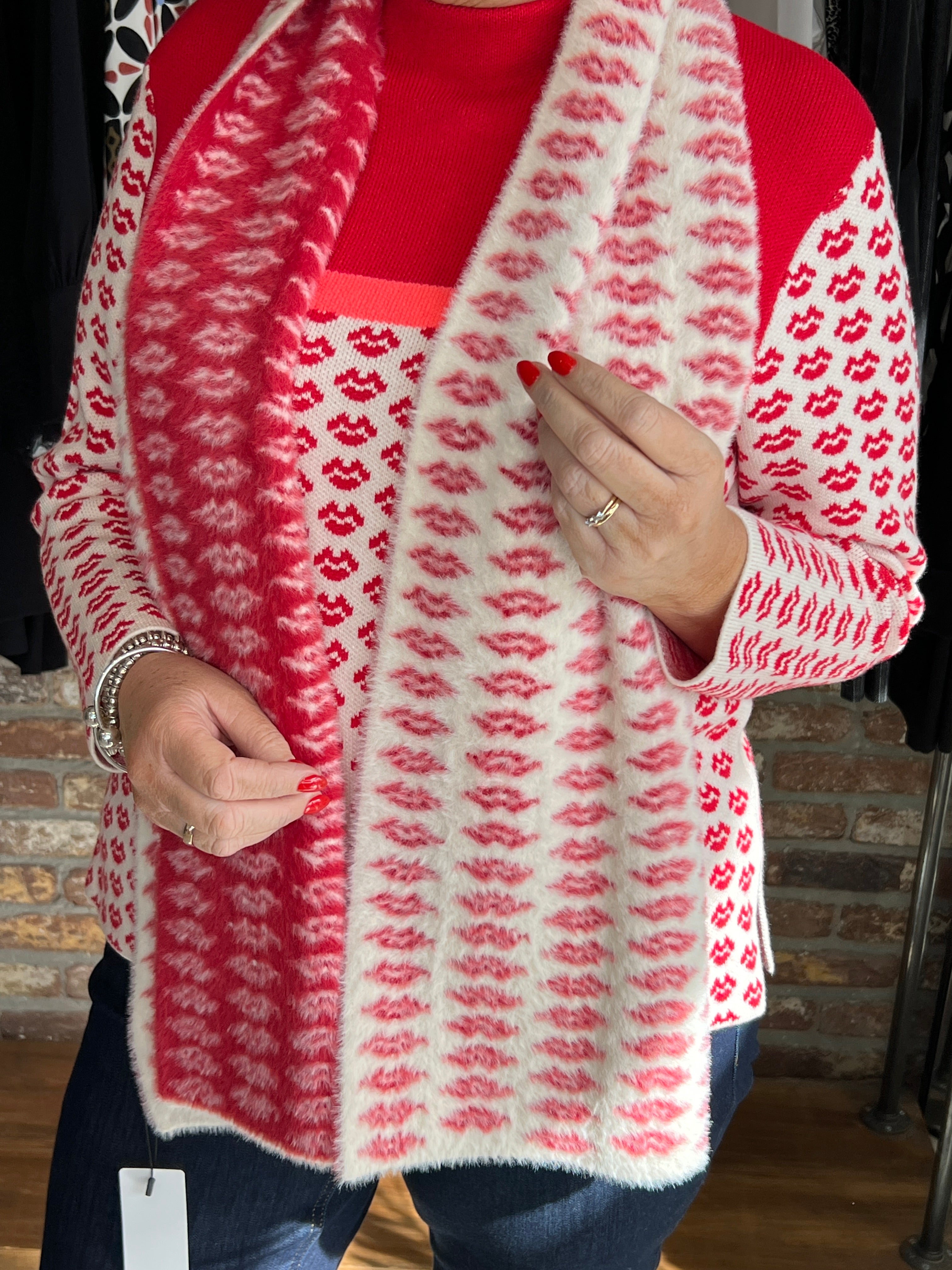 Oui Pullover With Jacquard Motif In White & Red