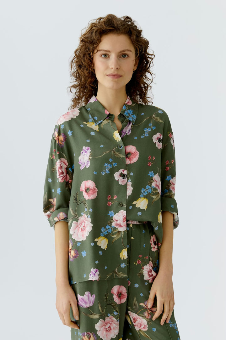 Oui Floral Blouse In khaki & Pink