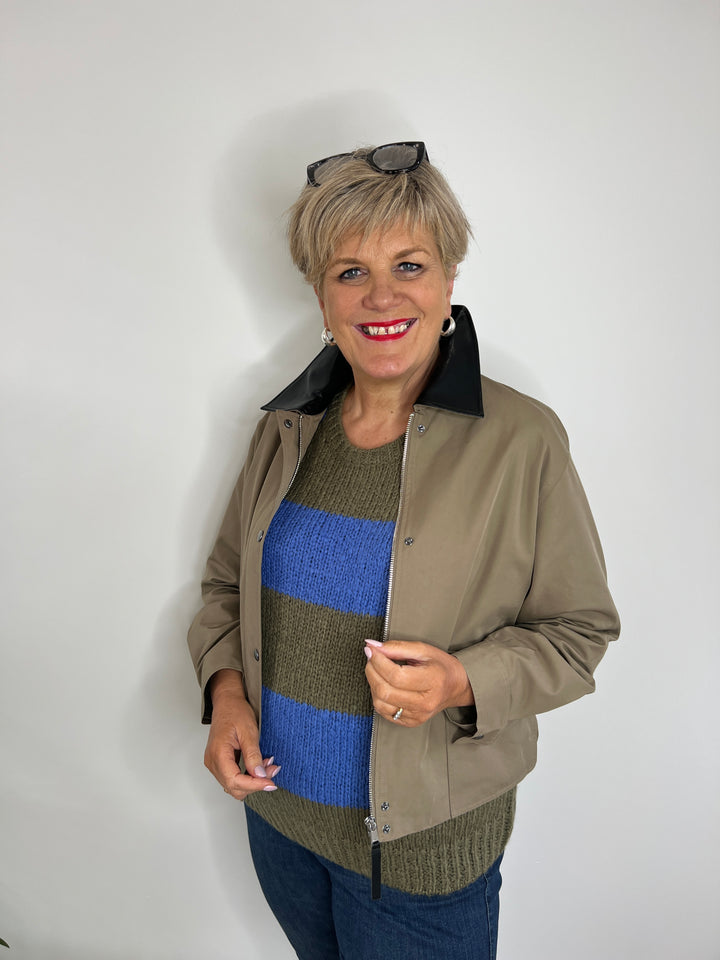 Oui Esmy Striped Pullover In Khaki & Blue