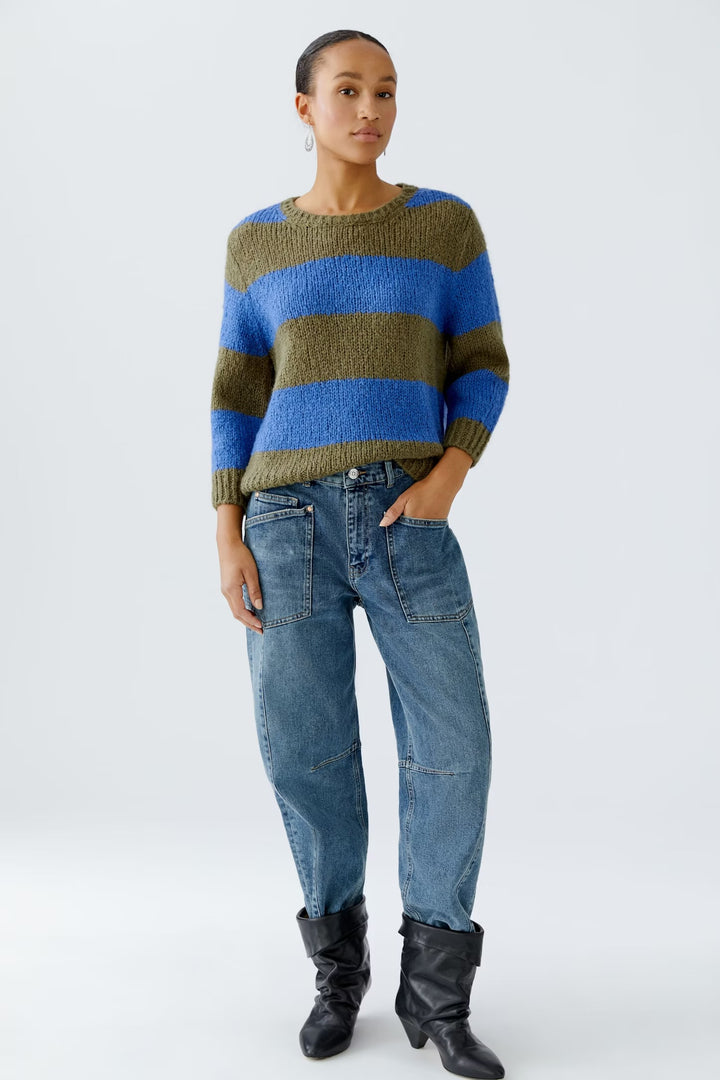 Oui Esmy Striped Pullover In Khaki & Blue