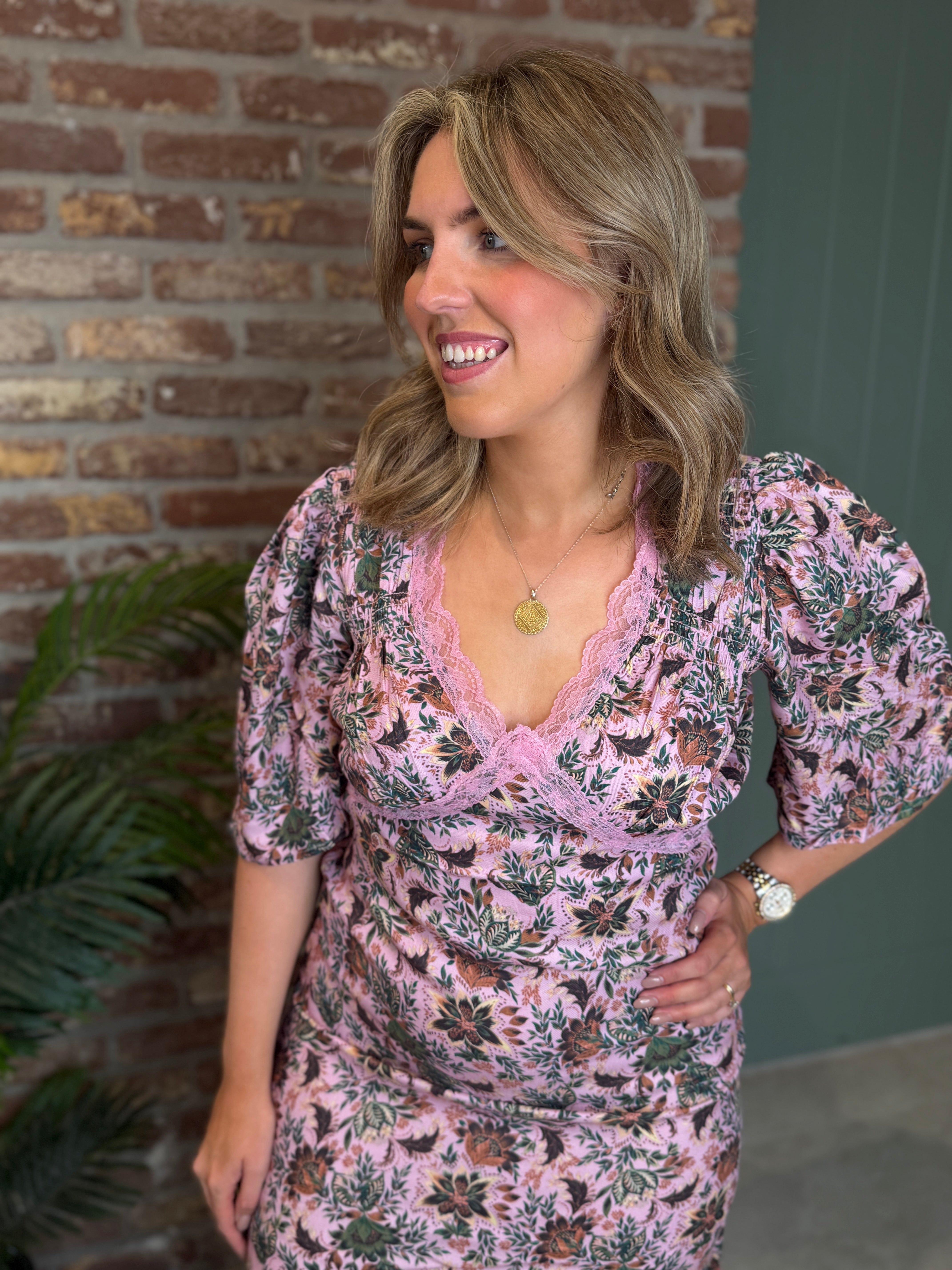 Bloom print dress in pink multi