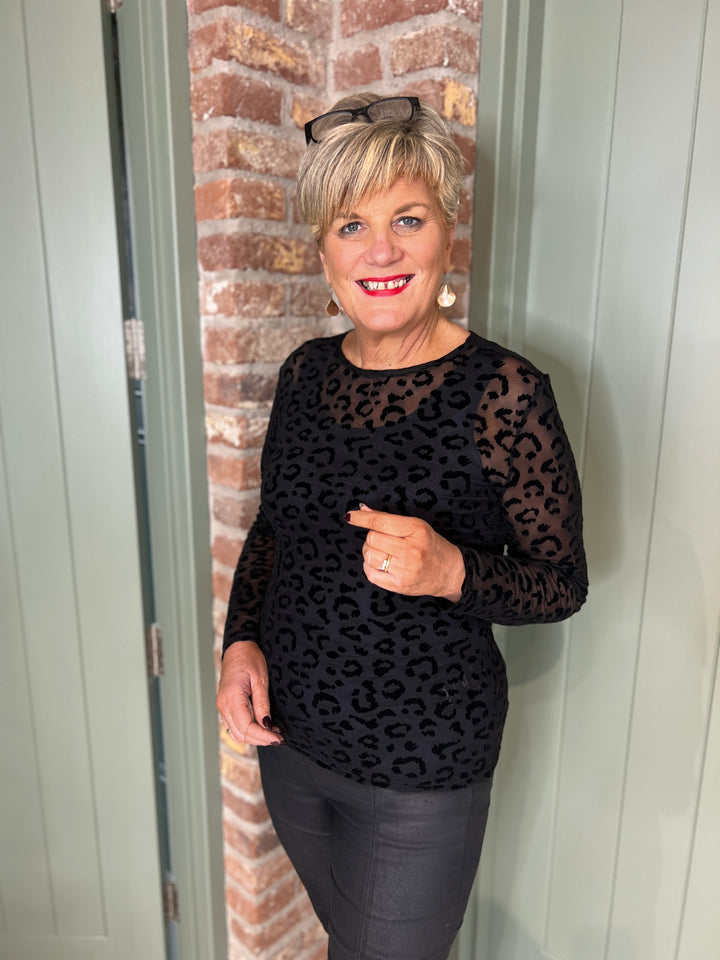 Milano Italy Mesh Top With Leopard In Black