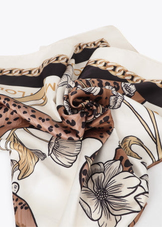 Tigers & flowers square scarf in ecru & black