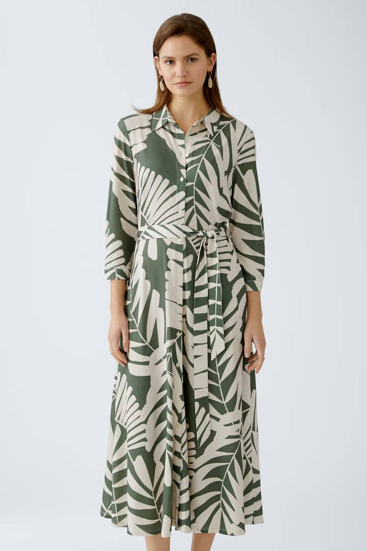 Oui Floral Shirt Dress In Khaki & Stone