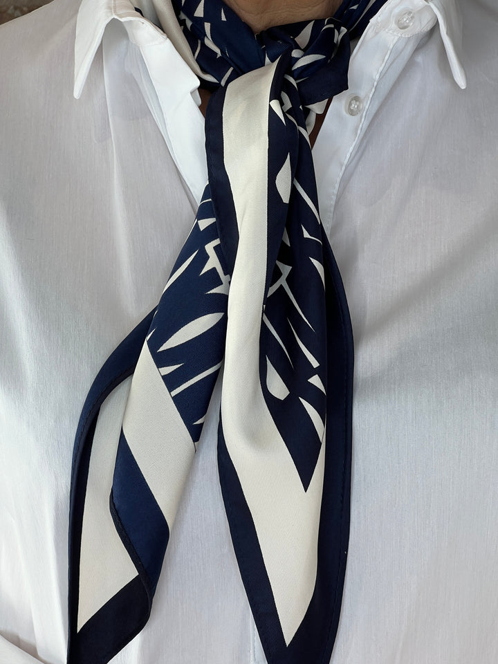 Pipa wording Neck Silk Scarf In navy & cream