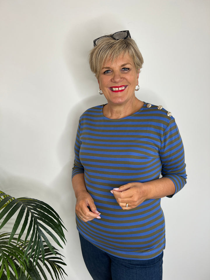 Oui Sunala Top In Khaki & Blue