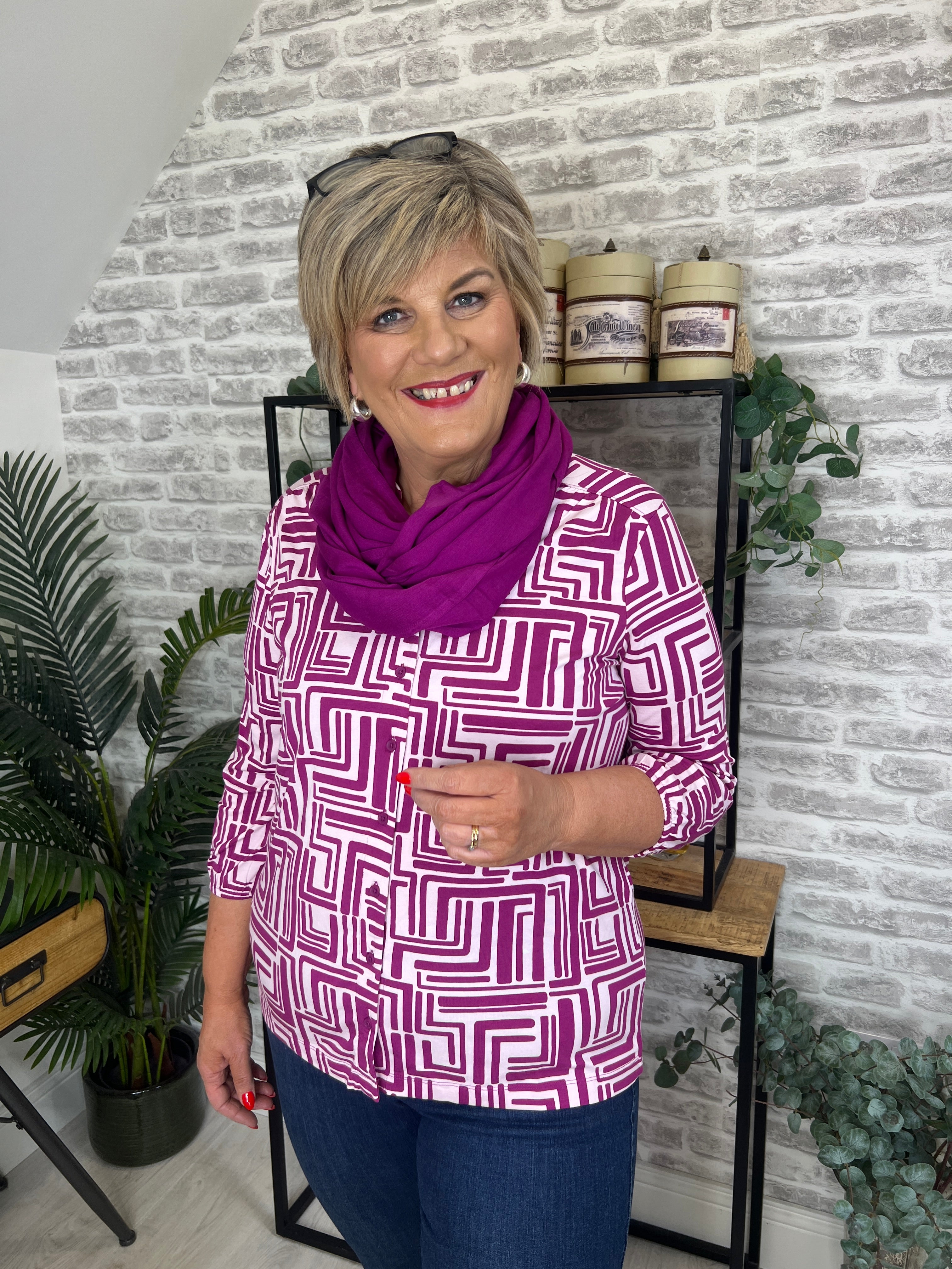 Cecil Big Print Buttoned Top In Anemone Pink