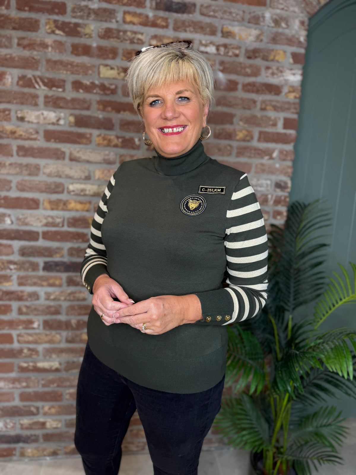 Military style striped jumper in khaki