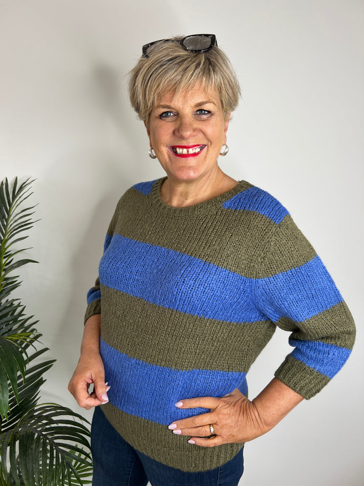 Oui Esmy Striped Pullover In Khaki & Blue