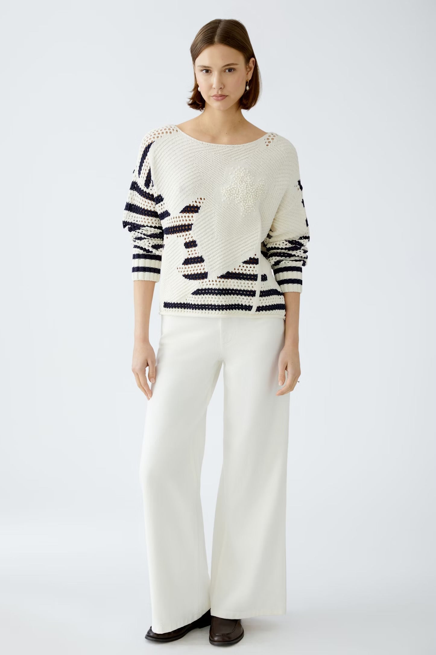 Oui Textured Patterned Jumper In Navy & White