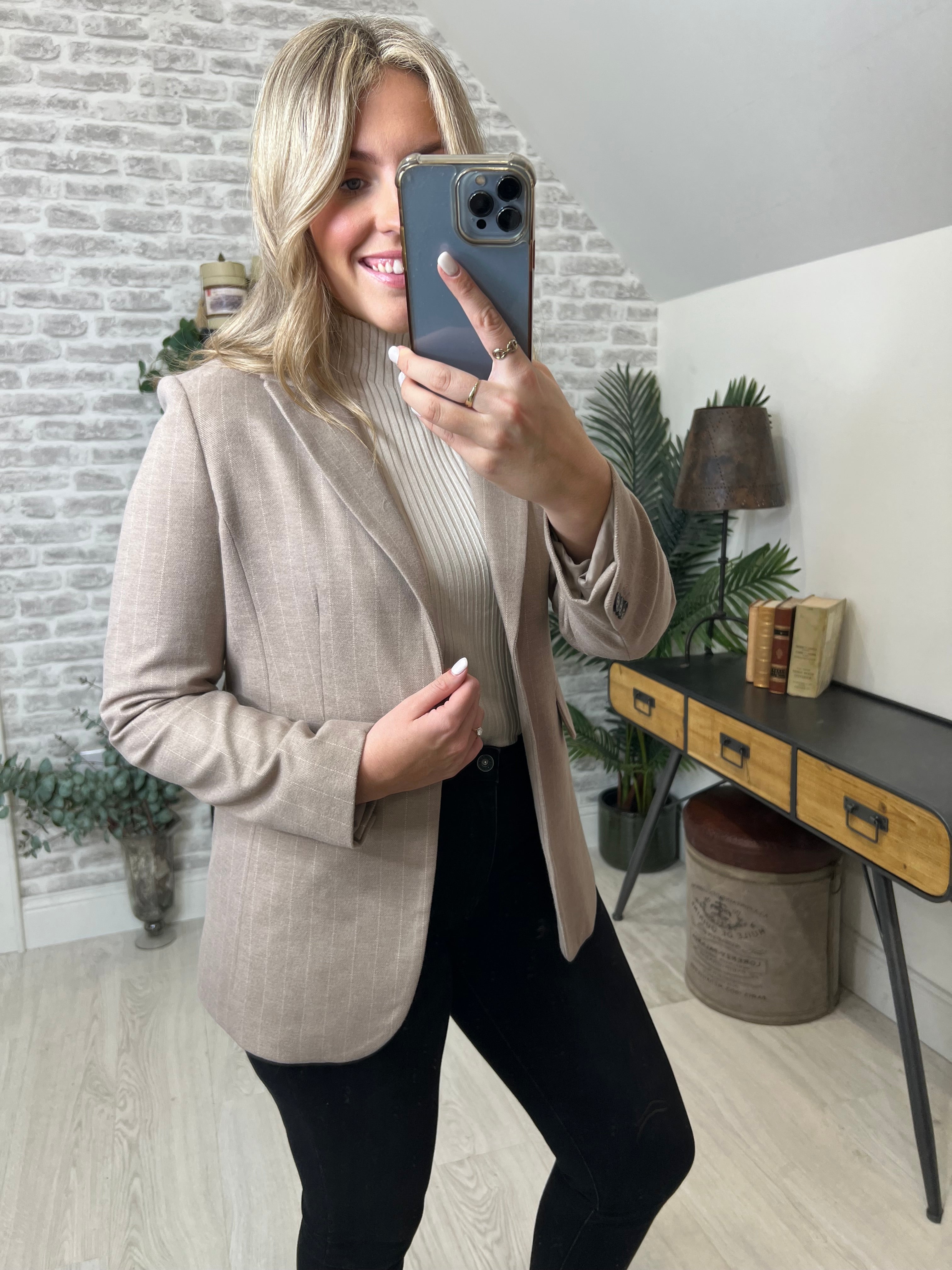 More & More Pinstripe Blazer In Taupe