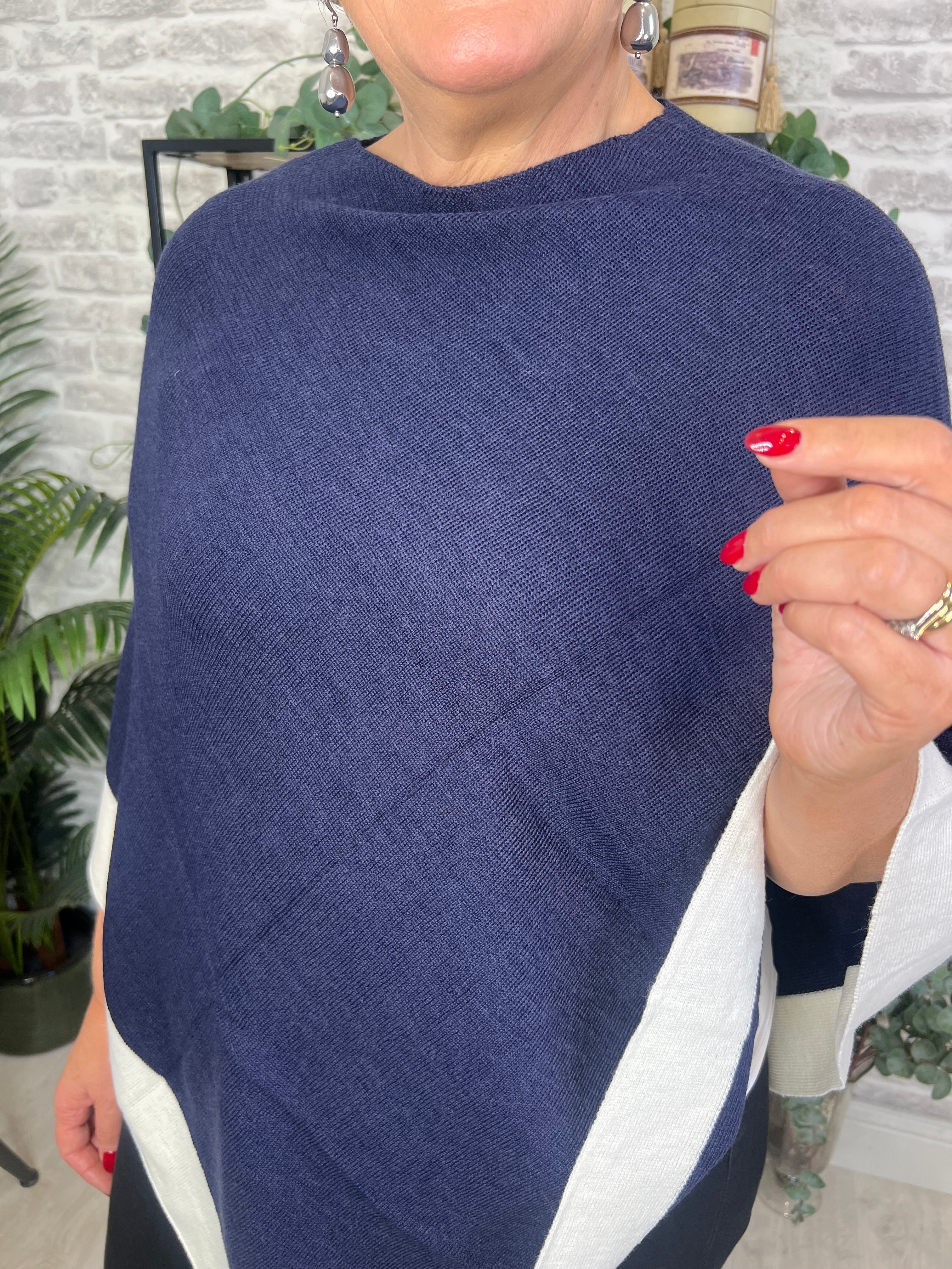 Elsa Poncho With Cream Trim In Navy