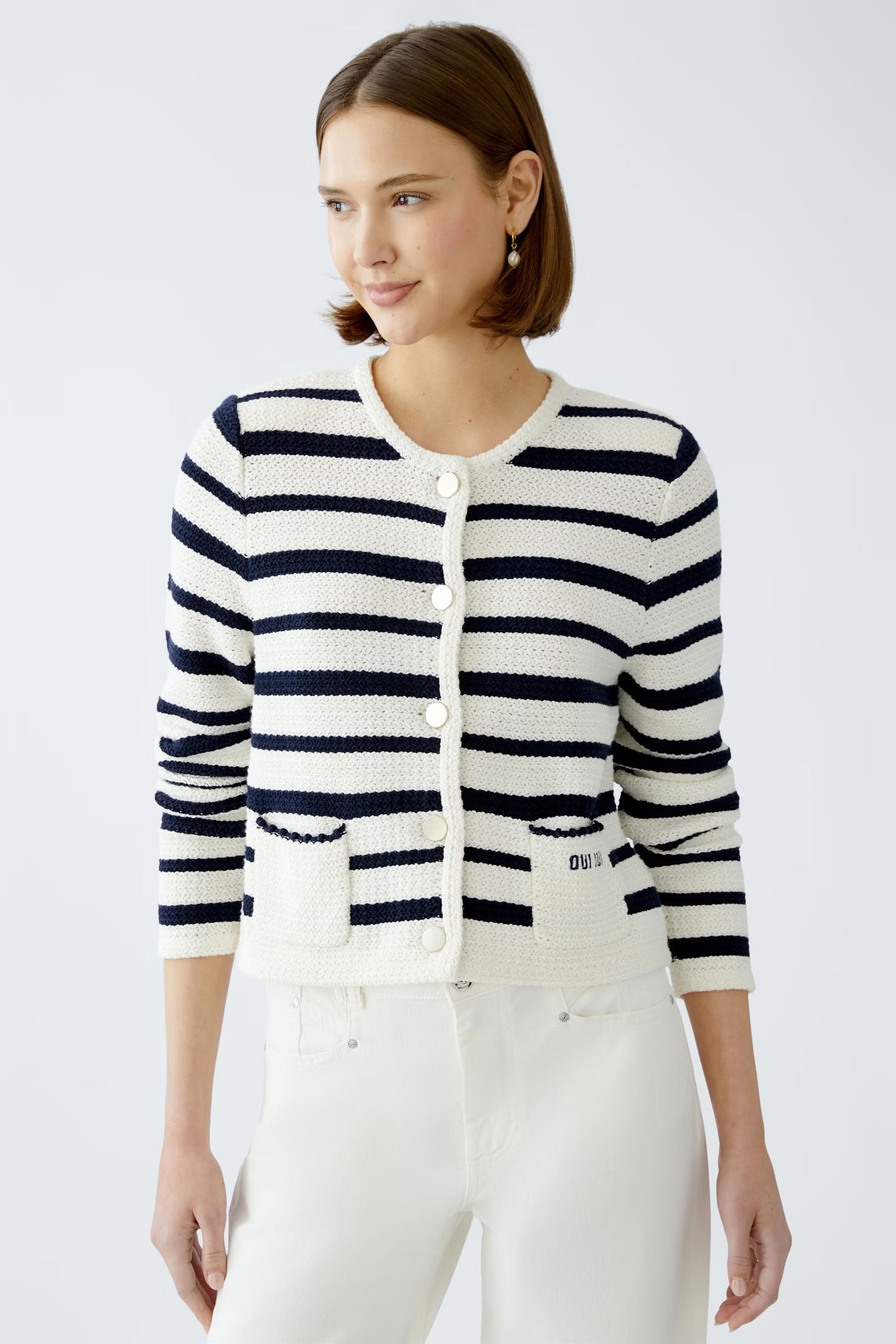 Oui Striped Cardigan In navy & White