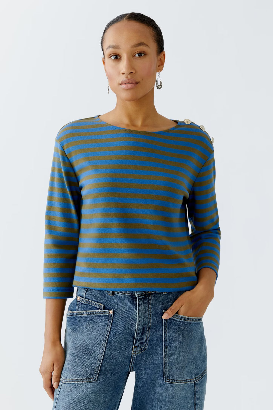 Oui Sunala Top In Khaki & Blue