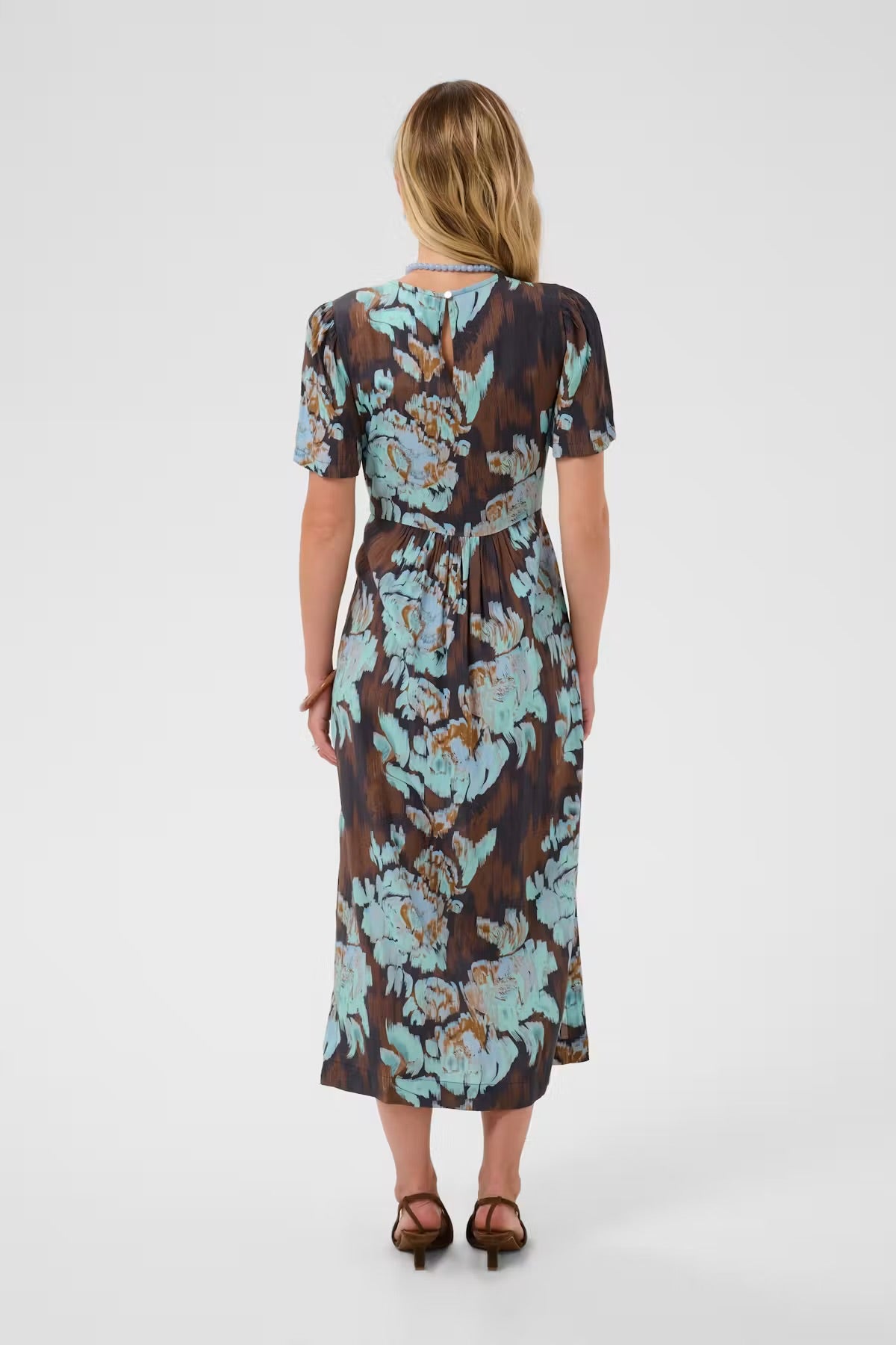 Floral patterned dress in brown & blue multi