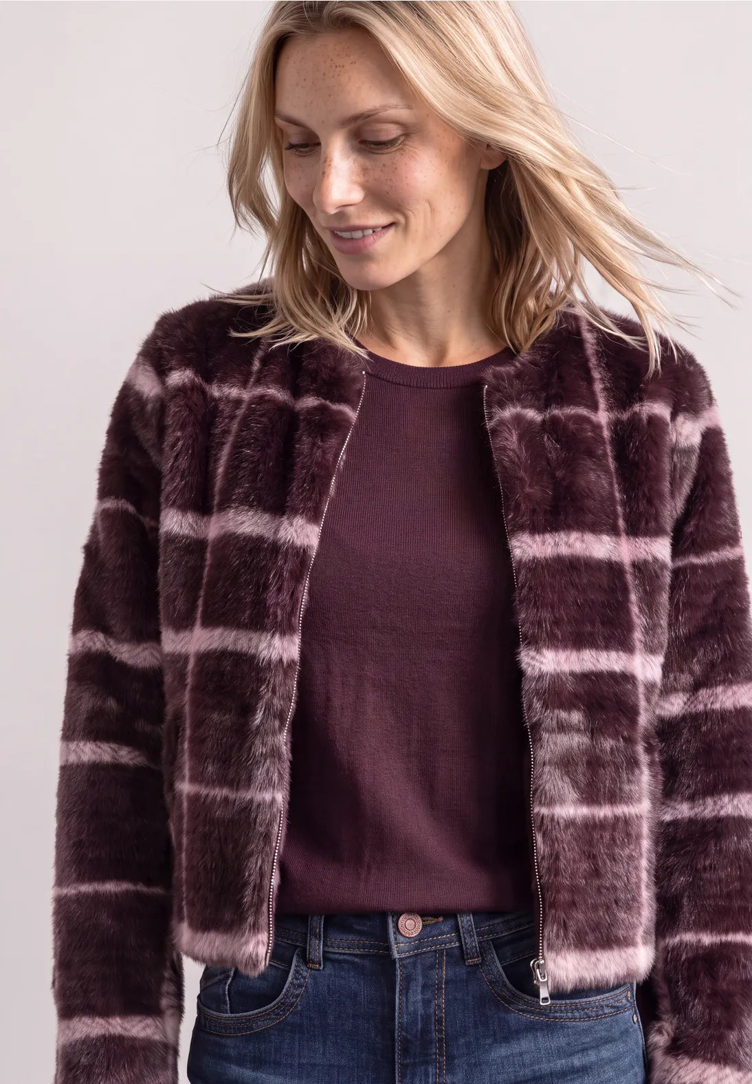 Checked faux fur jacket in rustic rouge