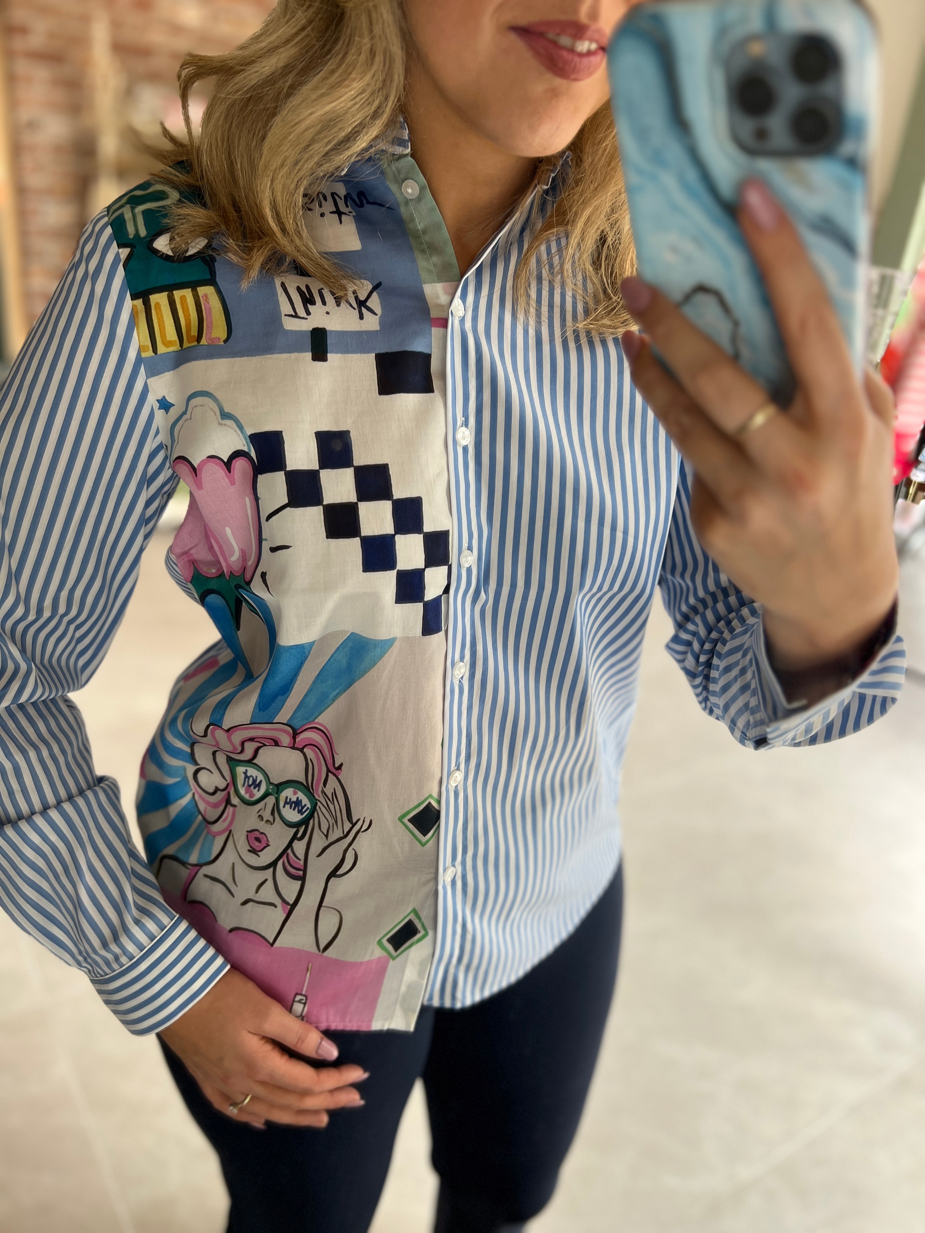 Milano Italy Azur Print Shirt In Blue Multi