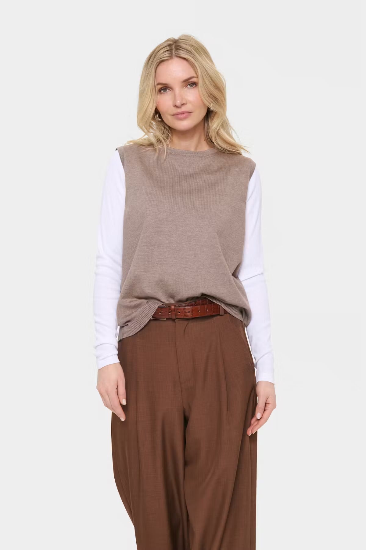 Plain round neck Vest in stone