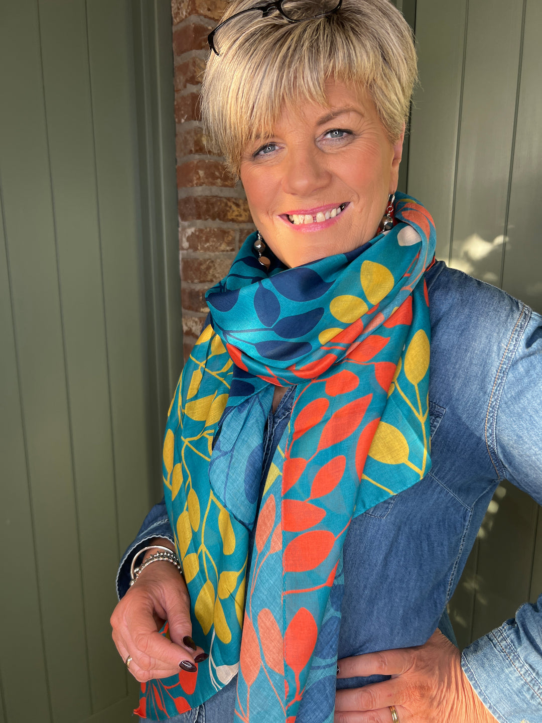 Sophie Leafy Branches Scarf In Turquoise