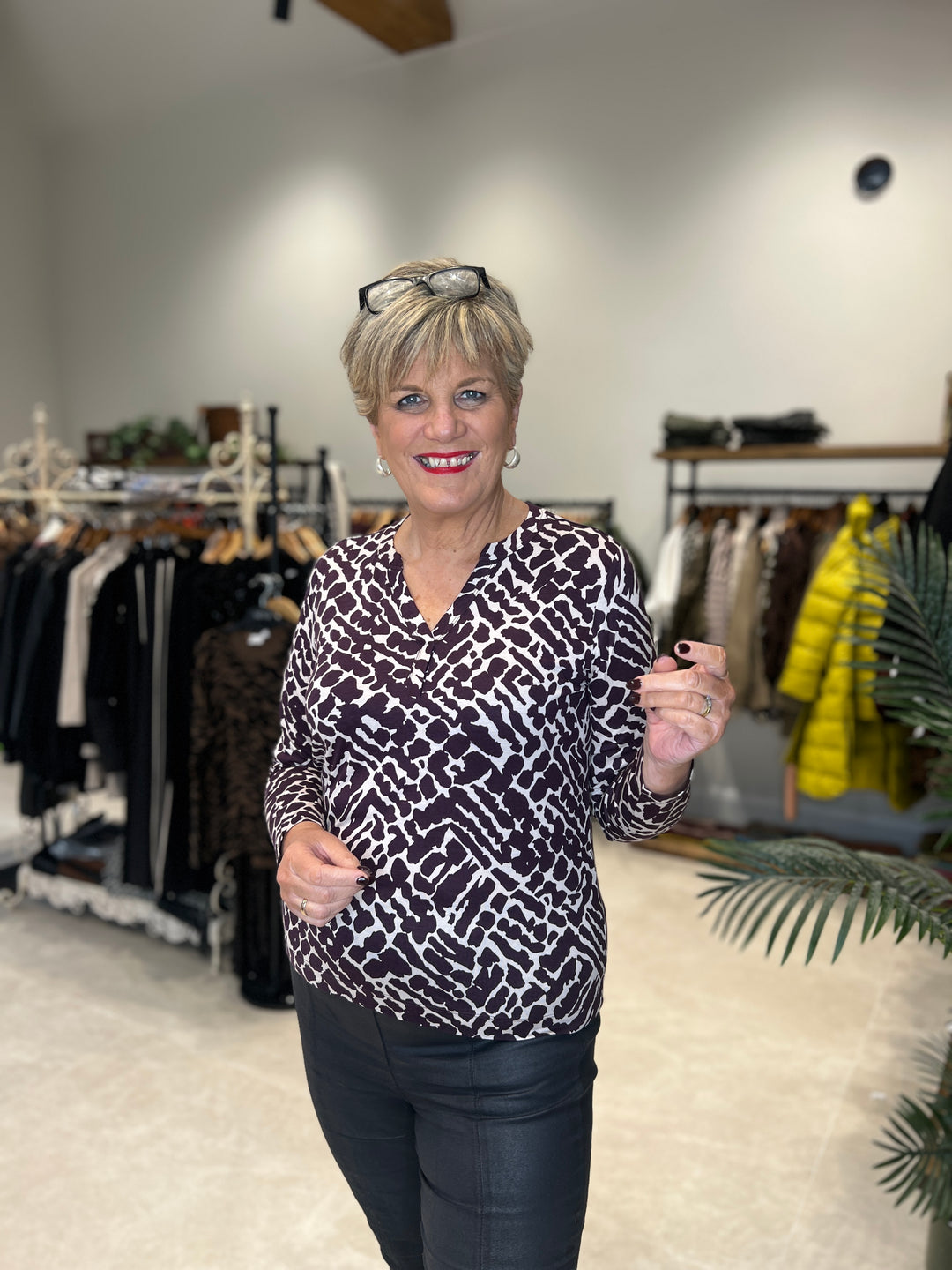 Cecil Split Neck Top In Eggplant Red