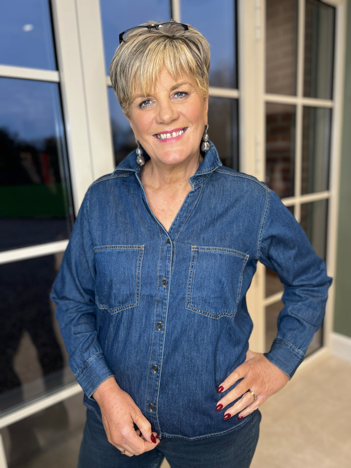 Culture Denim Shirt In Dark Blue Wash