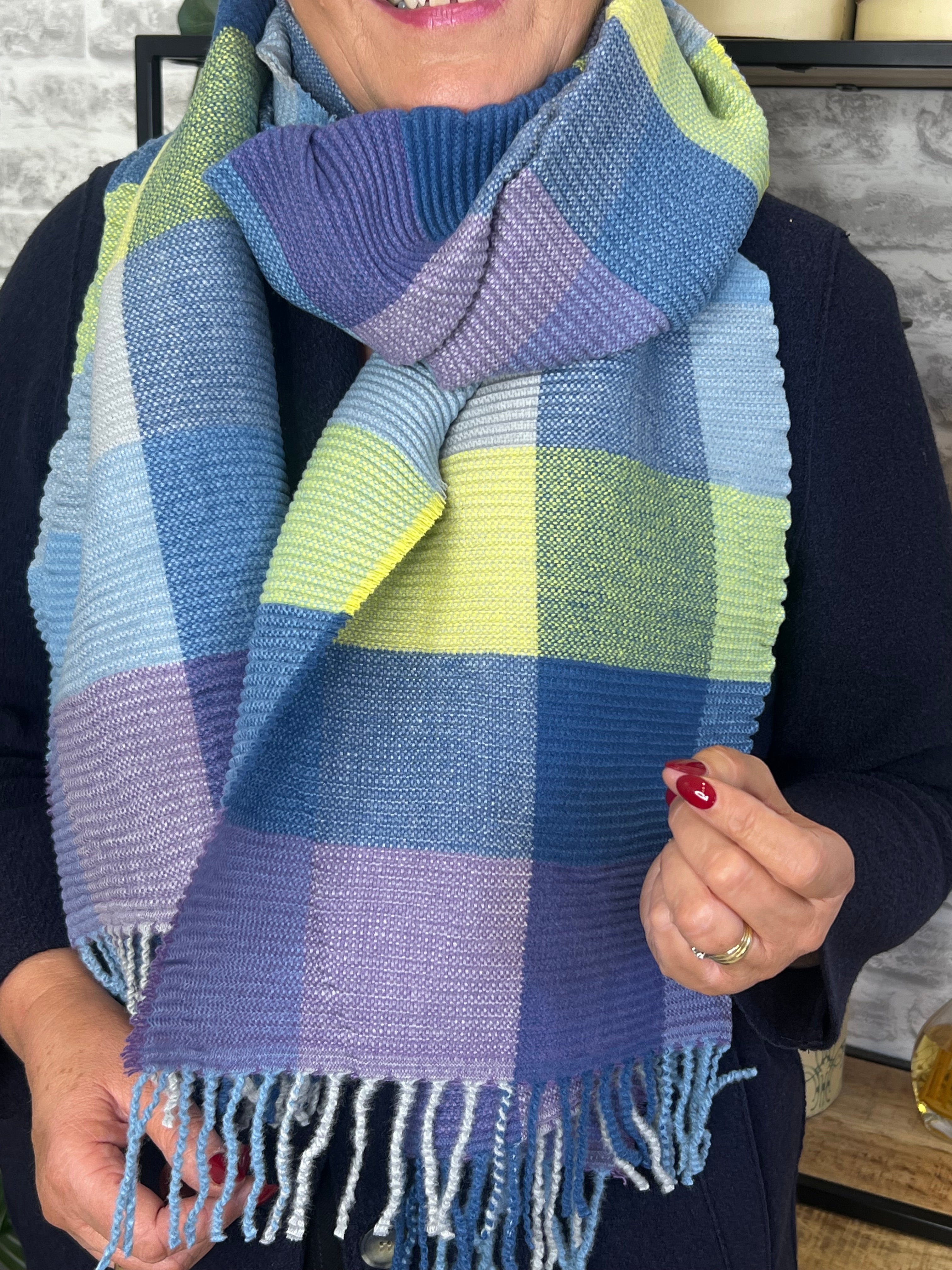 Elsa Checked Ribbed Scarf In Blue Multi