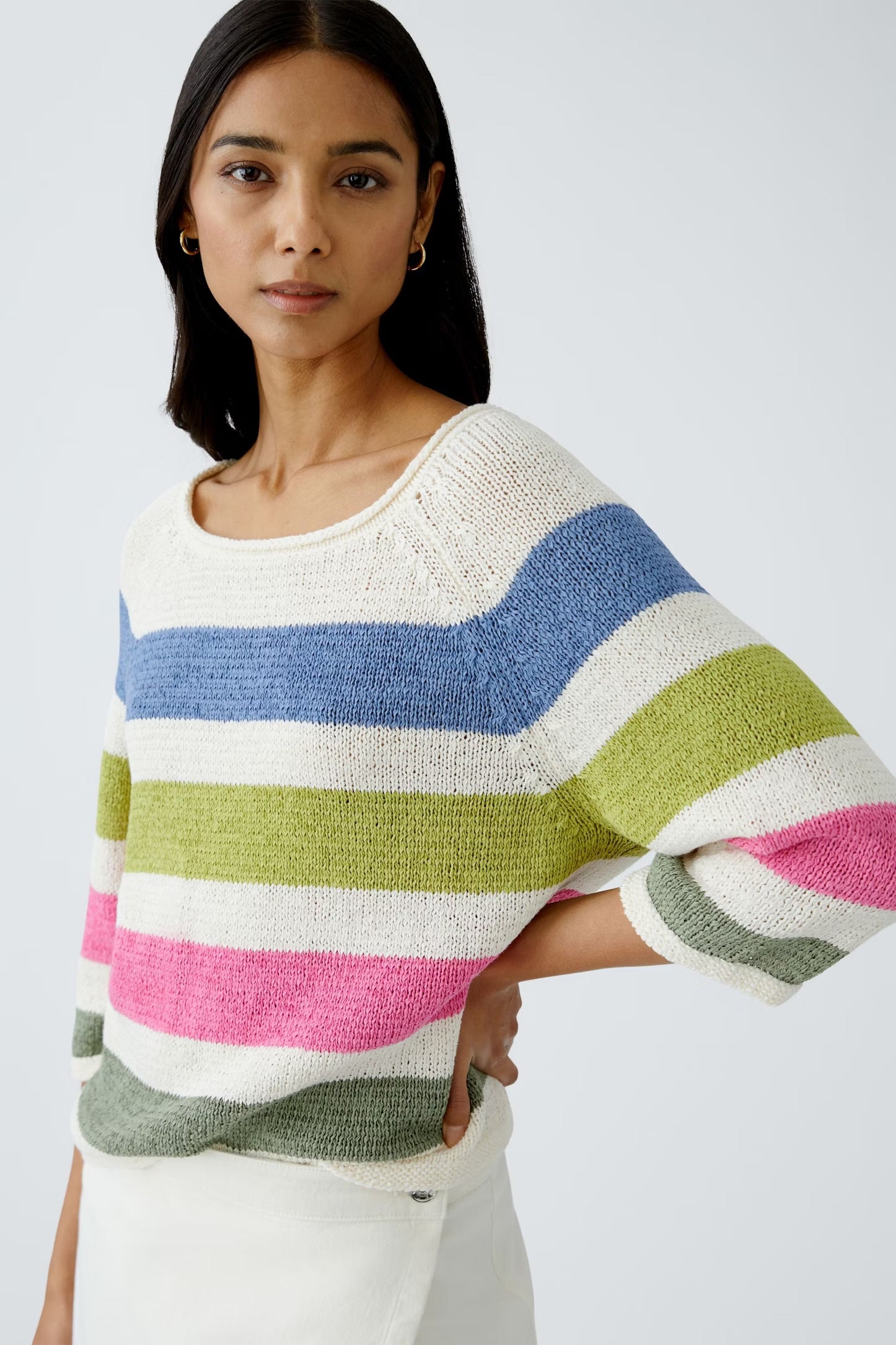 Oui Striped Pullover In White & Green