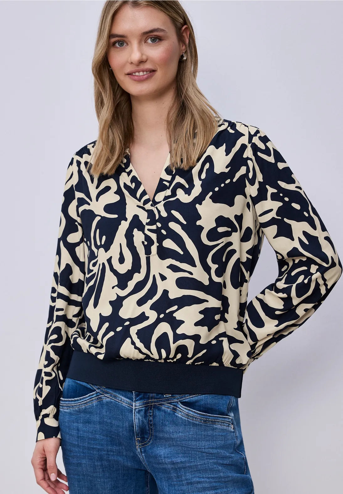 Street One V-neck floral blouse In Navy & cream