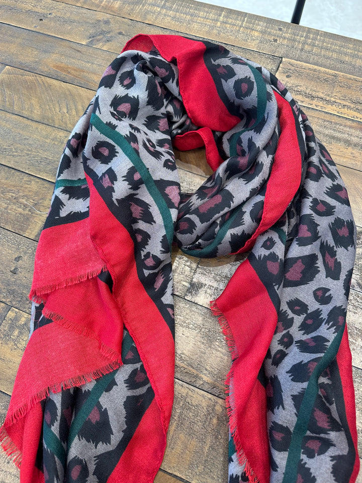 Olive Leopard Print Scarf In Red Multi