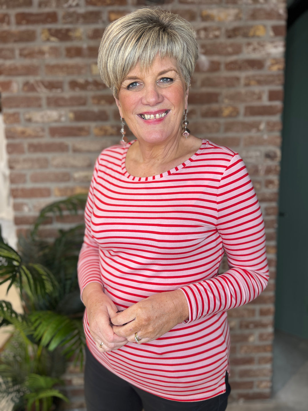 Oui Striped Top In Pink & Red