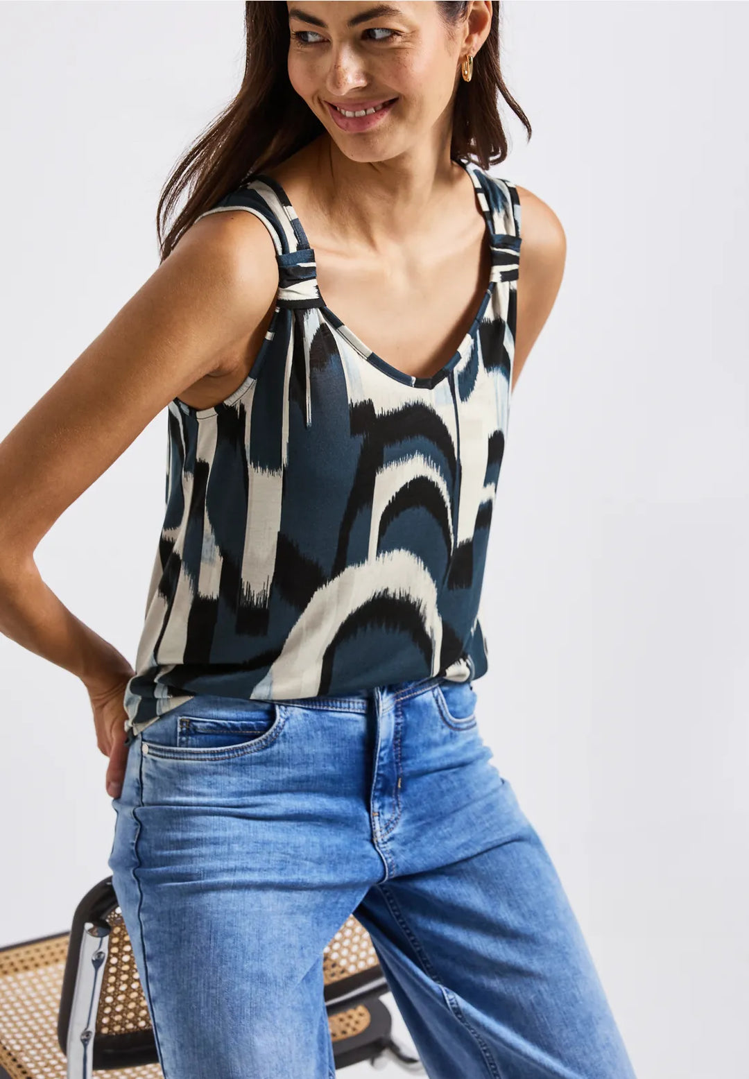 Street One Jersey Top With Knot In Tide Blue