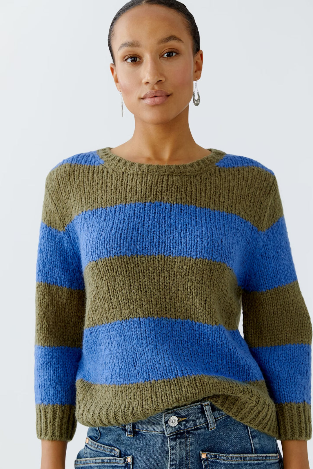 Oui Esmy Striped Pullover In Khaki & Blue