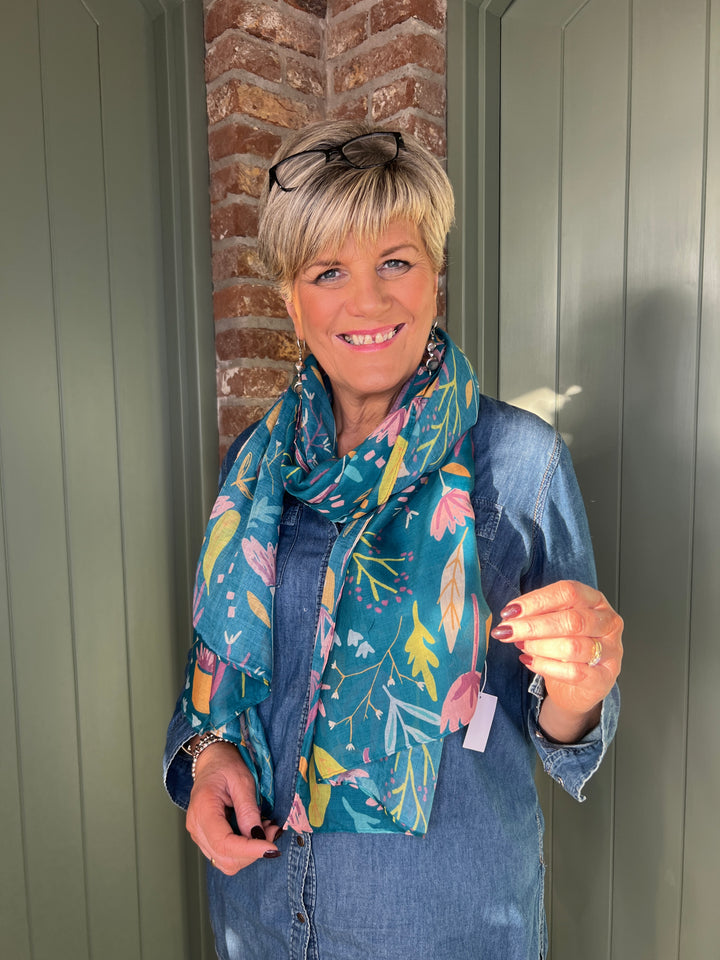 Sophie Fresh Foilage Scarf In Teal