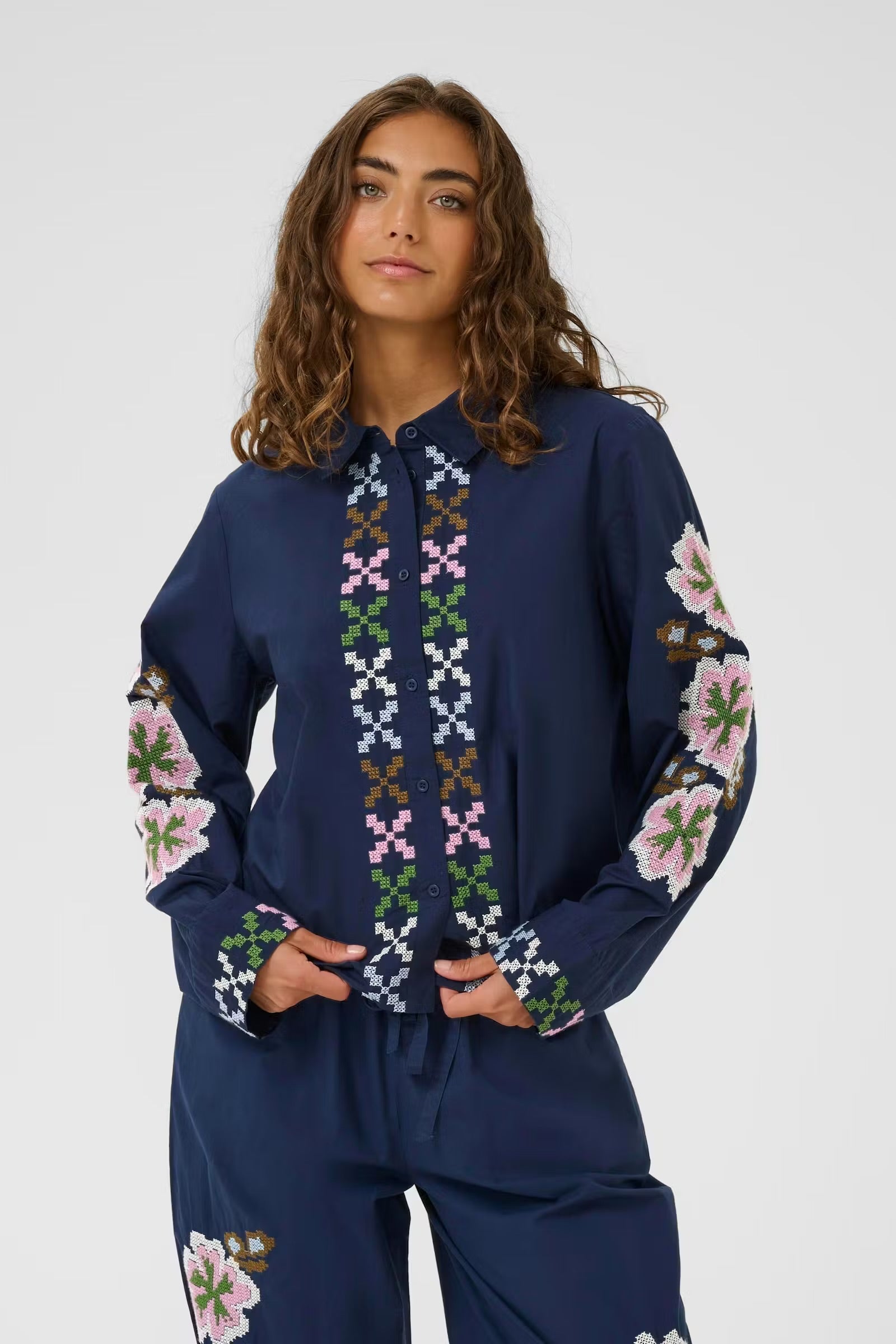 Culture Embroidery Shirt Dress Blues