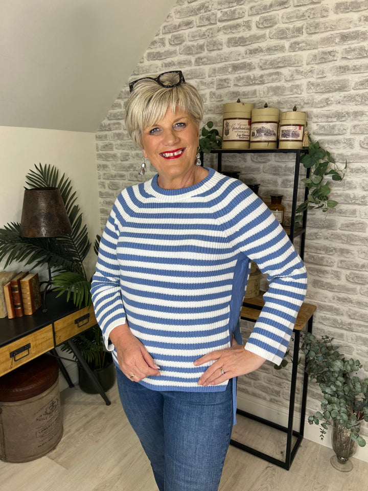 Oui Ruby Ribbed Jumper In Light Blue & White