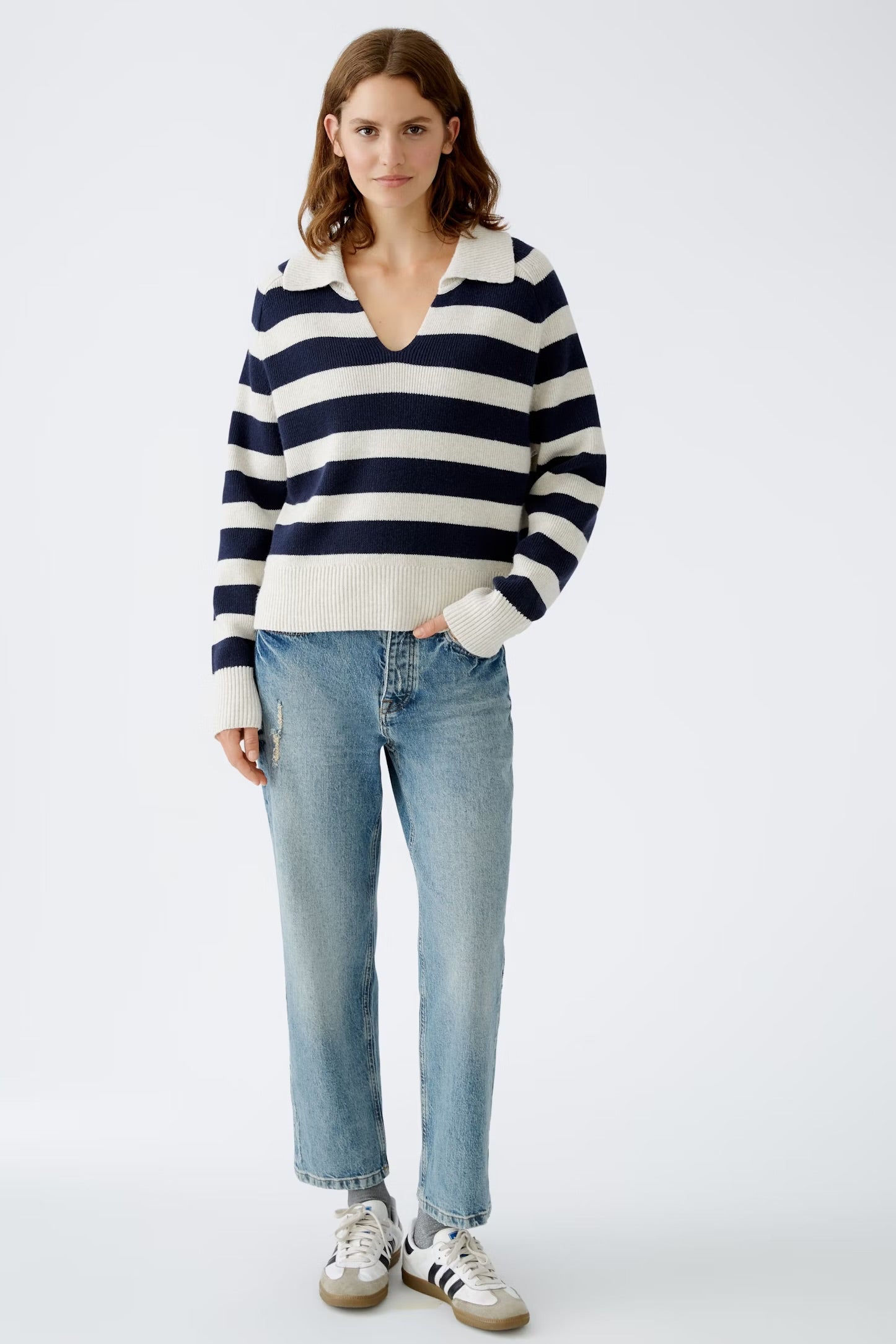 Oui Striped Pullover In White & Blue