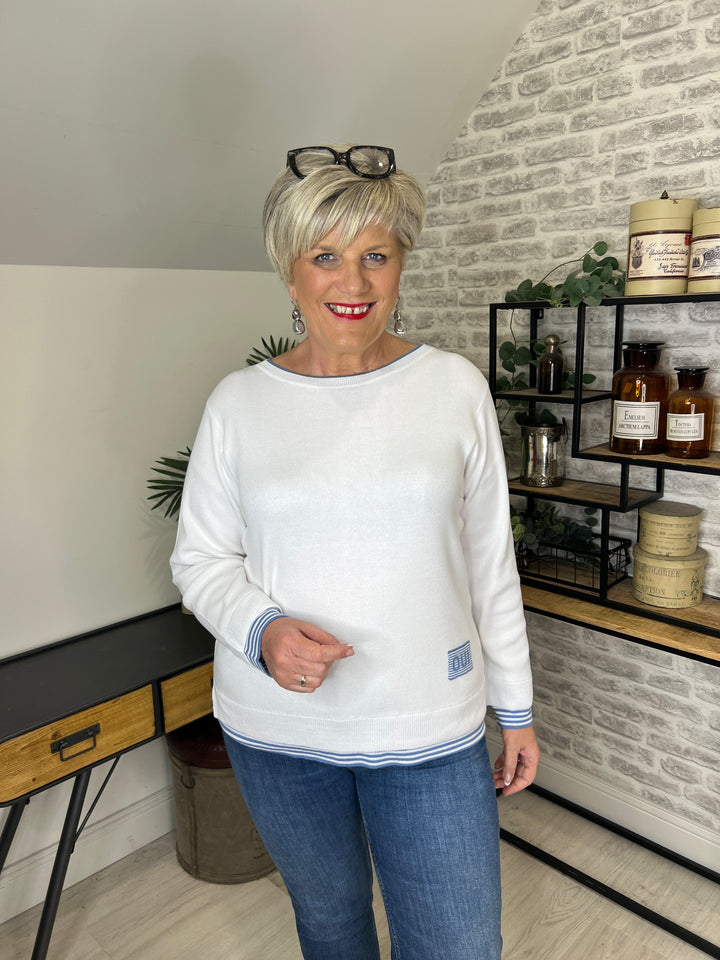 Oui Stripe Layered Pullover In Blue & White