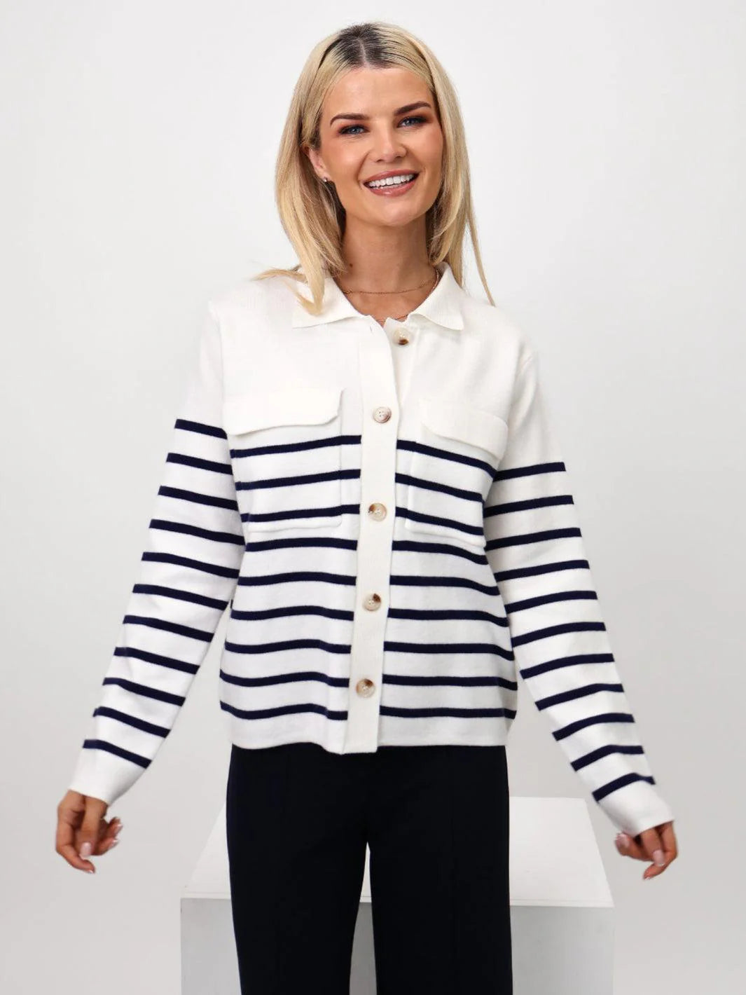 Kate & Pippa Dani Cardigan In White & Navy striped