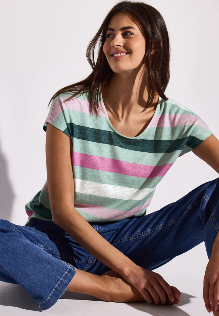 Street One T-shirt With Stripes In Soft Jade Green